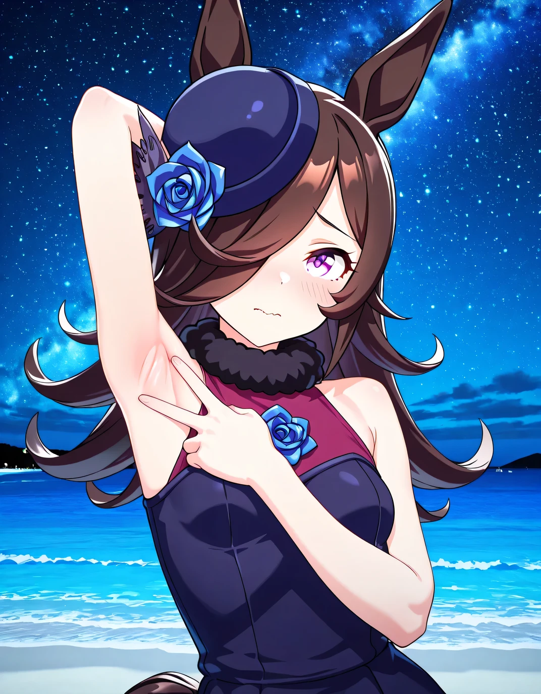 aarice, animal ears, horse tail, purple eyes, brown hair, hair over one eye, blue headwear, hat flower, tilted headwear, fur collar, sleeveless, blue rose, 3d, high quality, solo, upper body, (contrapposto), <lora:spread-armpit-illustriousxl-lora-nochekaiser:1>, spread armpit, armpits, armpit focus, v, closed mouth, night sky, beach, looking at viewer, wavy mouth, shy, best quality