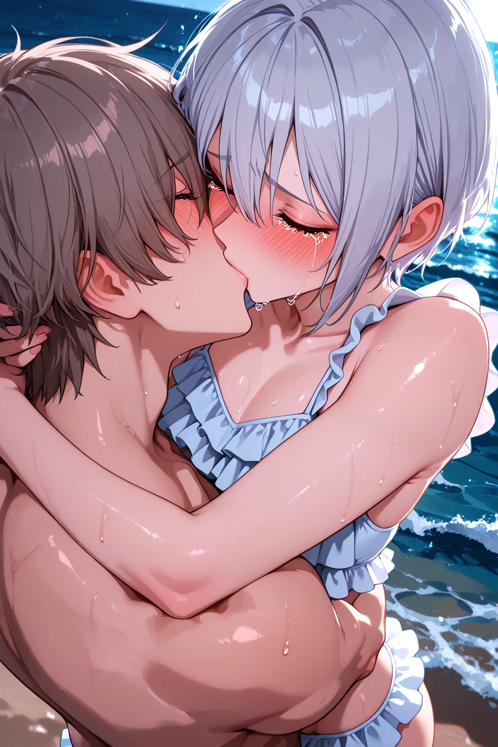 (8k, Highest quality, masterpiece:1.2),cute,cute女の子たち,Couple girls,2 people,kissをする,mesugaki,Fantasy_world,kiss,Open-air bath,White liquid splashed on face,ディープkiss