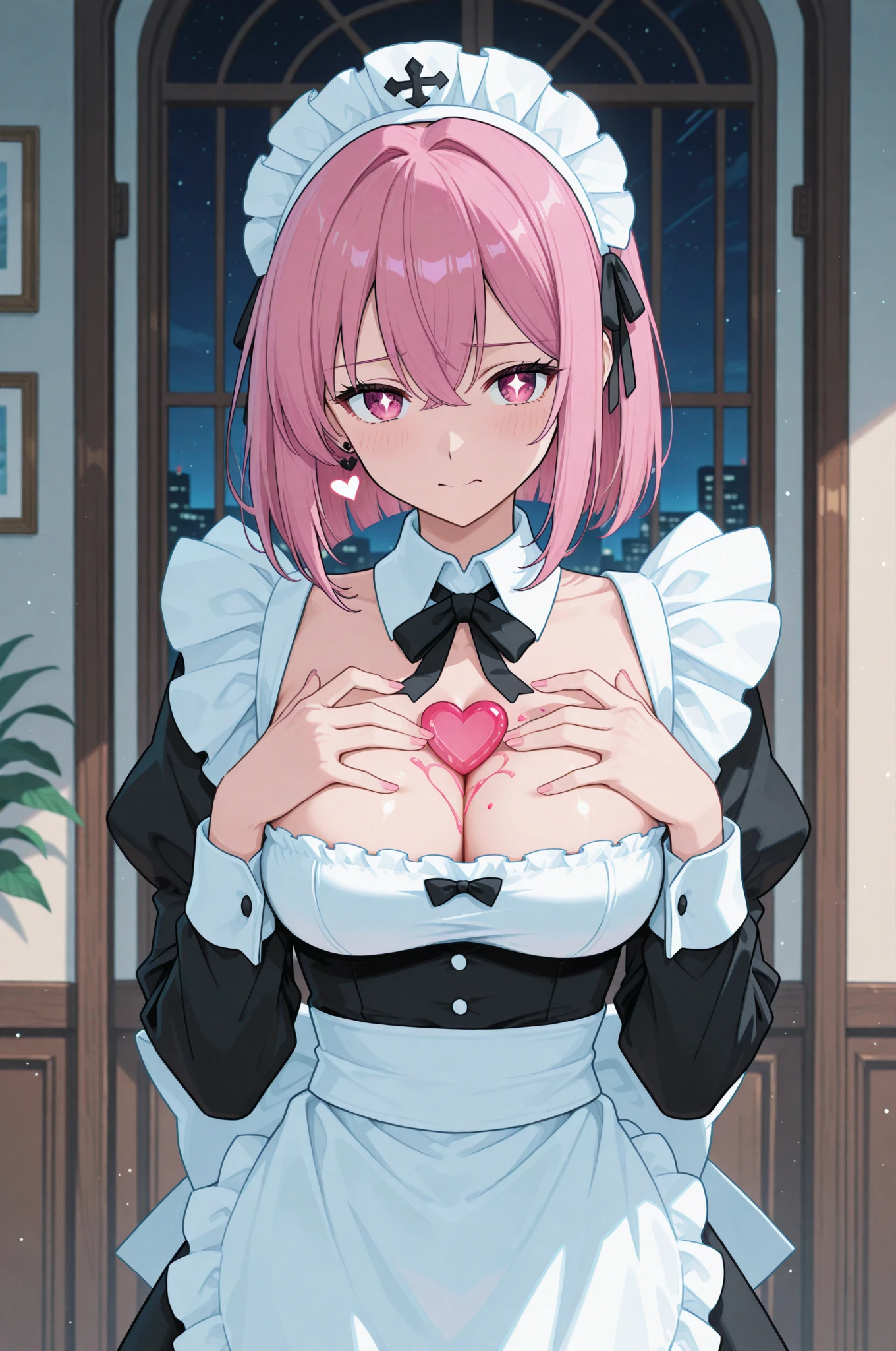 ((masterpiece)), ((best quality)), ((highly detailed)), (original), ((delicate background)), ((extremely detailed 8K wallpaper)), sweet, depth of field, 
BREAK 
maid, ((classic maid dress)), ((scanty clothing)), lots of frills, ((huge breasts)), 
BREAK 
curly hair, faint pink hair, short hair, 
BREAK 
((heart-shaped eyes)), pink eyes, tongue out, blush, sweating, 
BREAK 
full body shot, ((on the bed)), looking at the viewer, 
BREAK 
1girl, solo, cute girl, 20 years old, shiny skin, 