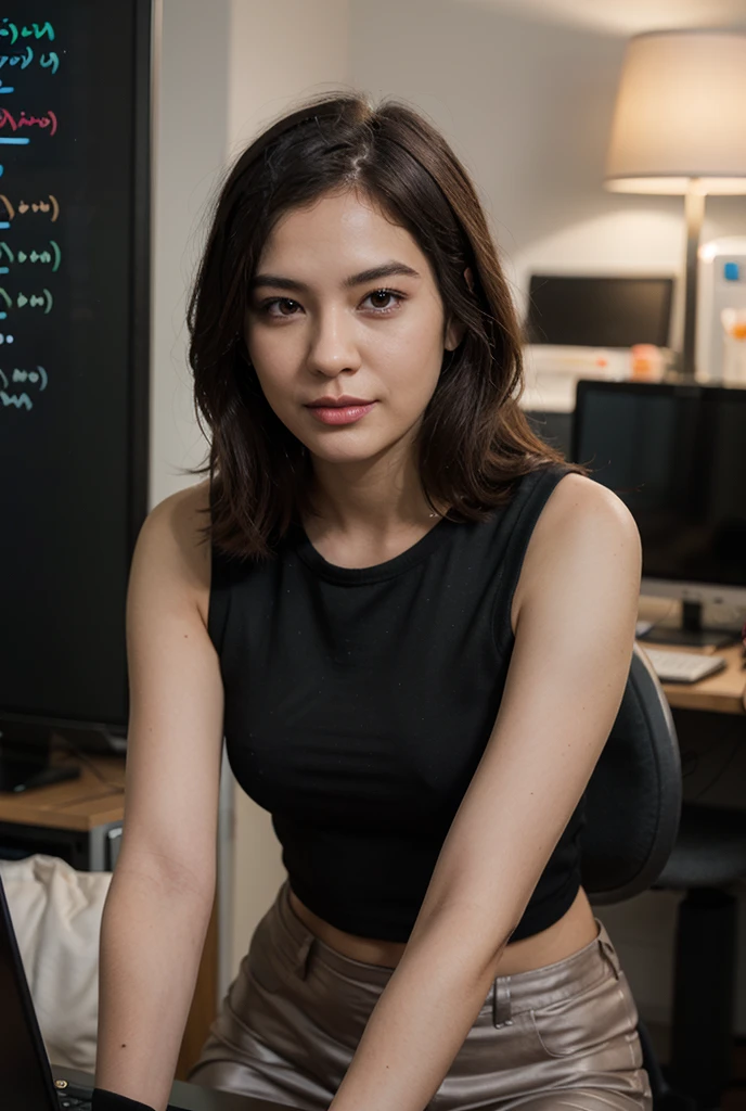 dichen wearing a sexy office outfit, pencil skirt, shirt, standing, posing, collar, choker, close up shot, bedroom, smiling, 4K, RAW