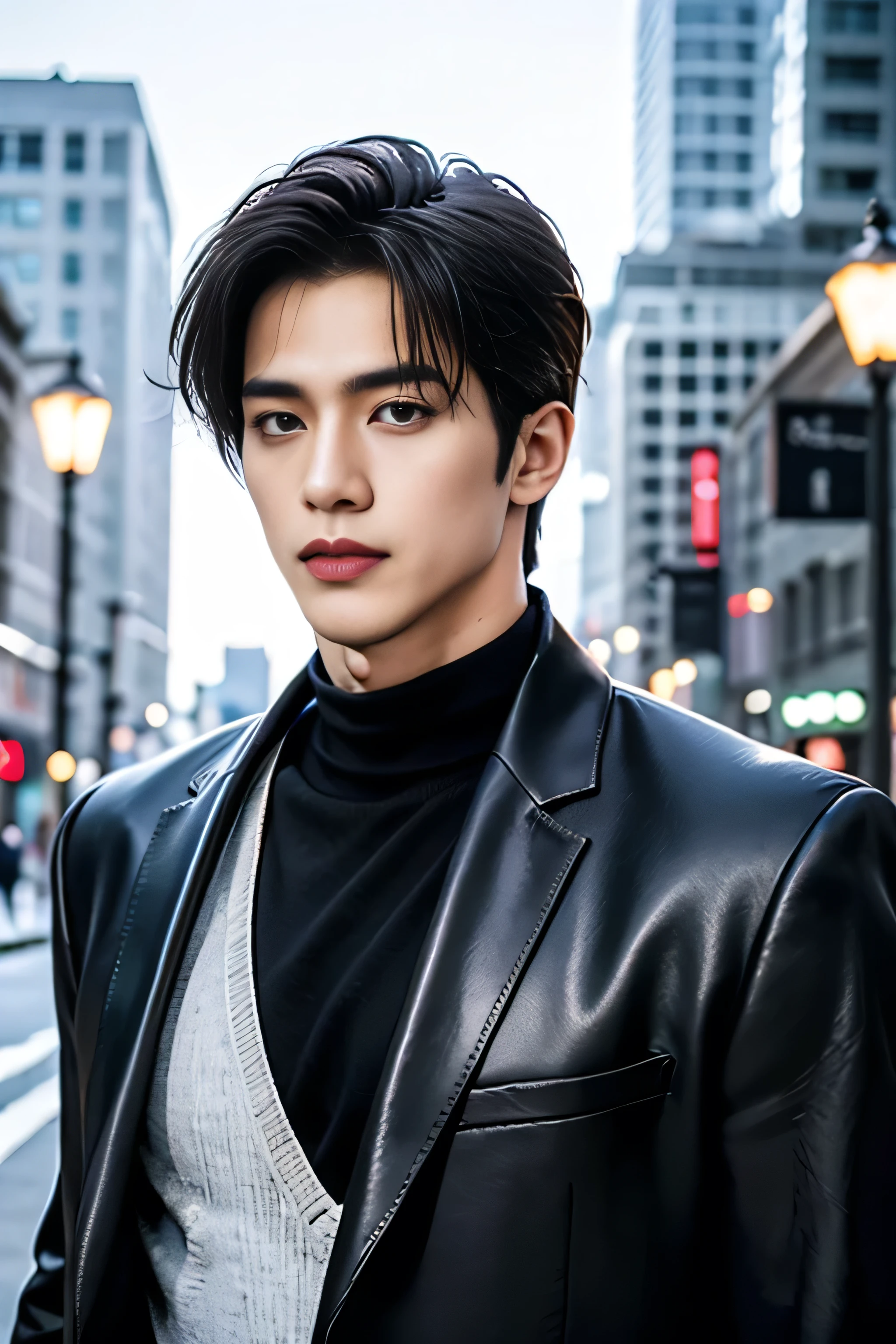 A 21-year-old Asian man, Thick eyebrows, Melon seed face, Handsome face, Men's full body, The background city night street view, Time is night, Deep blue sky, A full moon, his skin is fair, He is slender, the limbs have pronounced muscle lines, high-definition photography, Real-world scenarios, Lots of detail, wearing black leather jacket, black long pants with a silver metal buckle, black boots, black turtleneck shirt, short black hair, His posture is upright and commanding, with one hand casually placed in their pocket, hinting at both authority and ease. A neutral or stern expression, possibly with intense or piercing eyes, suggests a shrewd and calculating mind.