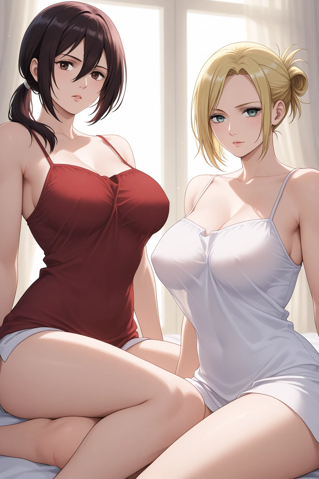 2heads, tall thin woman with 2 heads. Teenager. In a bedroom. Laying down on back. Sheer bra. Miniskirt. Thigh socks. Messy hair. Happy. Blushing. Spunky. Think eyeliner. Seductive. Pulling shirt, touching breasts. Big erect nipples. Huge thighs. Girlfriend.