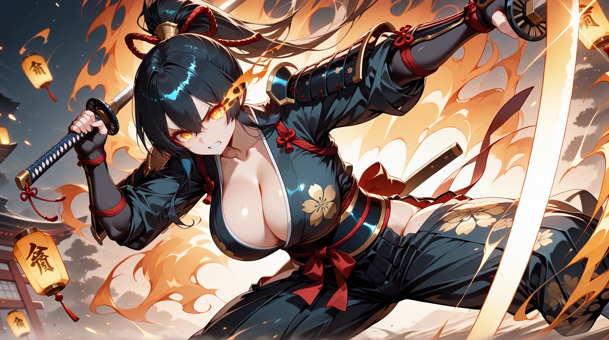 best quality,4k,8k, highres, masterpiece:1.2), extremely detailed eyes, extremely detailed body, (large masterpiece digital art), (detailed manga illustration), (detailed line art), ((perfect anatomy)), (intricate details:1.3), (ultra-detailed:1.3), (illustration:1.3), (sharp focus:1.3), (natural lighting:1.05), (vivid colors:1.3), (masterpiece), best quality, expressive eyes, perfect face, 1 girl, breasts, cleavage, gloves, large breasts, traditional clothes, cerulean clothes, black hair, short hair, messy hair, dark brown eyes, hourglass physique, loose-fitting pants, fighting stance, large ass, pale skin, shrine maiden, tomboy, combat boots, cinematic lighting, dramatic atmosphere, Beautiful woman, dragon spear in hand, Jeff Bridges, ((cartoon style)), Marvel Cinematic Universe style, (((Japanese shrine in the background))), soft bokeh of Japan, Atey Ghailan, Jeremy Mann, Greg Manchess, Antonio Moro, trend in ArtStation, trend in CGSociety, Intricate, High Detail, Sharp focus, dramatic and photorealistic painting art by Midjourney and Greg Rutkowski,
