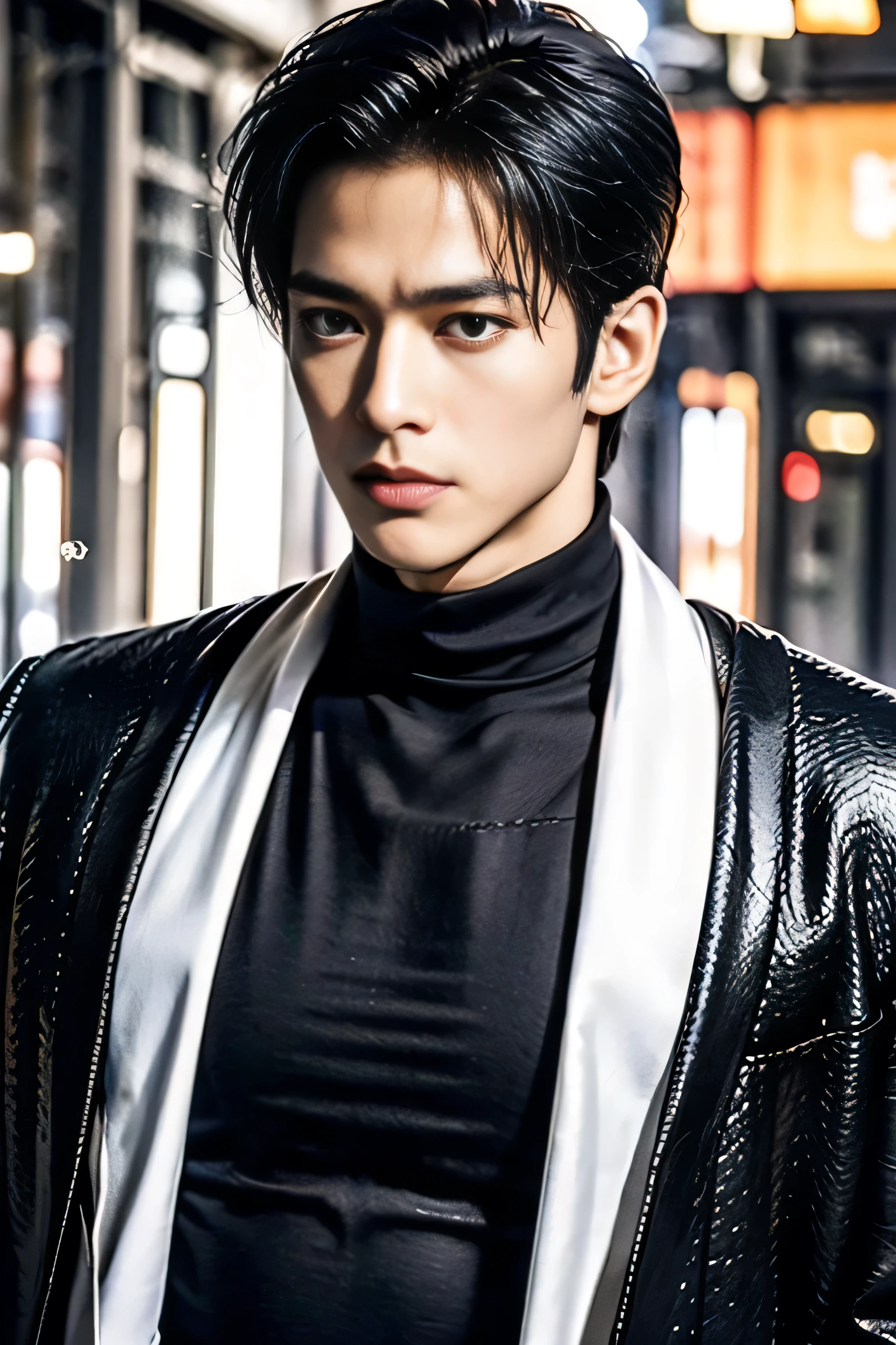 A 21-year-old Asian man, Thick eyebrows, Melon seed face, Handsome face, Men's full body, The background city night street view, Time is night, Deep blue sky, A full moon, his skin is fair, He is slender, the limbs have pronounced muscle lines, high-definition photography, Real-world scenarios, Lots of detail, wearing black leather jacket, black long pants with a silver metal buckle, black boots, black turtleneck shirt, short black hair, His posture is upright and commanding, with one hand casually placed in their pocket, hinting at both authority and ease. A neutral or stern expression, possibly with intense or piercing eyes, suggests a shrewd and calculating mind. full body view
