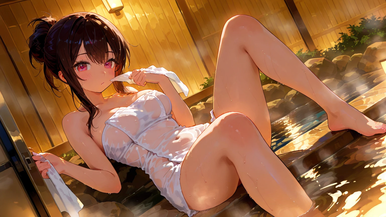 femele,12 years old,Brown hair,Micro bikini and boxer shorts,Beautiful ponytail,Blue eyes,Hair fastening to bangs,Wet with water,Look back、