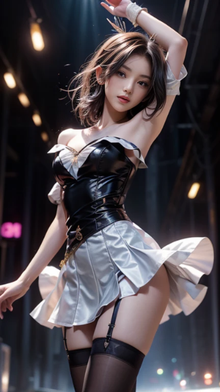 best quality,masterpiece,The Ultimate Solution,Fluffy,Extremely colorful,Mature beautiful woman,(Dress school uniform),Lace skirt,(Beautiful woman beheaded),Normal posture,(Kneeling),Kneeling on the bed,shackles,Beheading,collar,White stockings ,barefoot,Normal posture