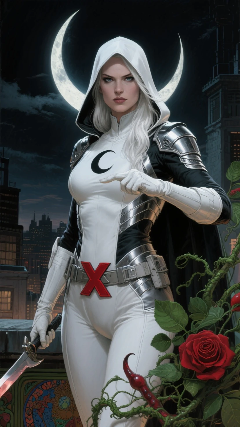 NSFW (obra maestra, 4k-resolution, ultra realista, muy detallada), (White superhero theme, carismatic, hay una chica en la parte superior de la ciudad, vestida con el disfraz de Spider-Man, is a superhero), [ ((25-years old), (cabello largo y blanco: 1.2), cuerpo completo, (ojos azules: 1.2), ((posar el Spider-Man), show of force, saltar de un edificio a otro), ((entorno urbano arenoso): 0.8)| (paisaje urbano, Por la noche, dinamic lights), (Luna llena))] # Explanation: The Prompt primarily describes an ultra-high-definition 4K painting, muy realista, muy detallada. It shows a superheroine at the top of the city, vestida con un disfraz de Spider-Man. The theme in the painting is a white superhero theme, la protagonista femenina tiene el pelo largo y blanco, is 25 years old and her entire body is shown in the painting. In terms of portraying the actions of female superheroes, spiders are employed.