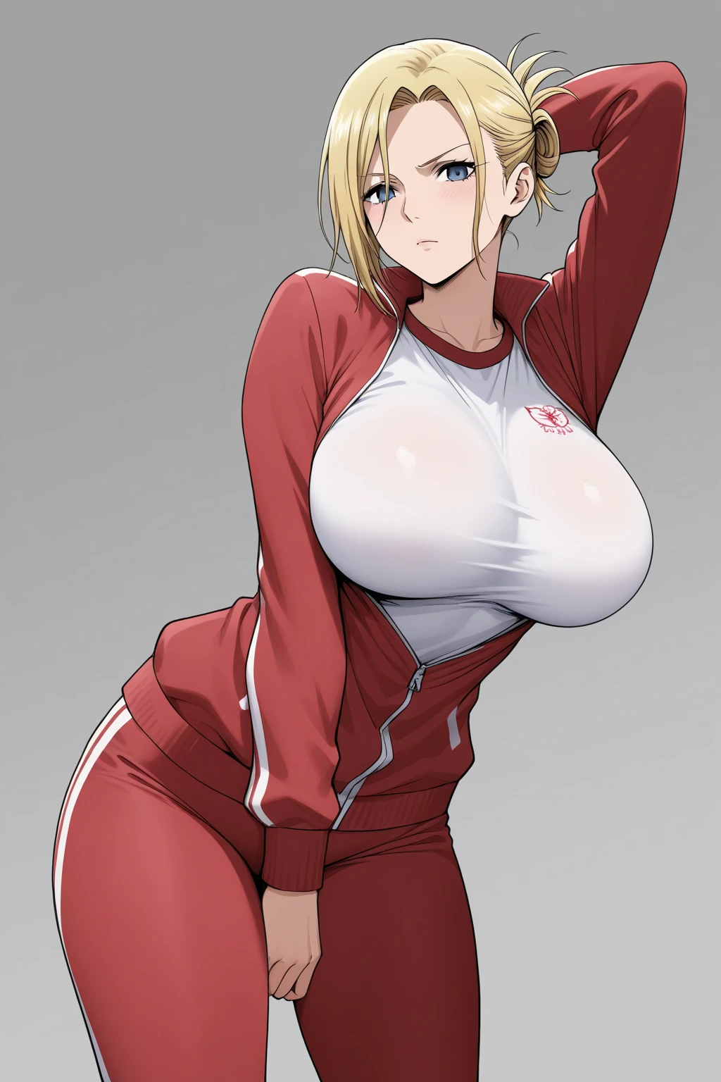 1girl,solo ,blue eyes, long hairs,ponytail, track jacket ,track suit ,open jacket,white tank top, abs ,underboob,groin,sweat,cameltoe,huge breasts, squatting,((mature female)),(teen:-1.0)