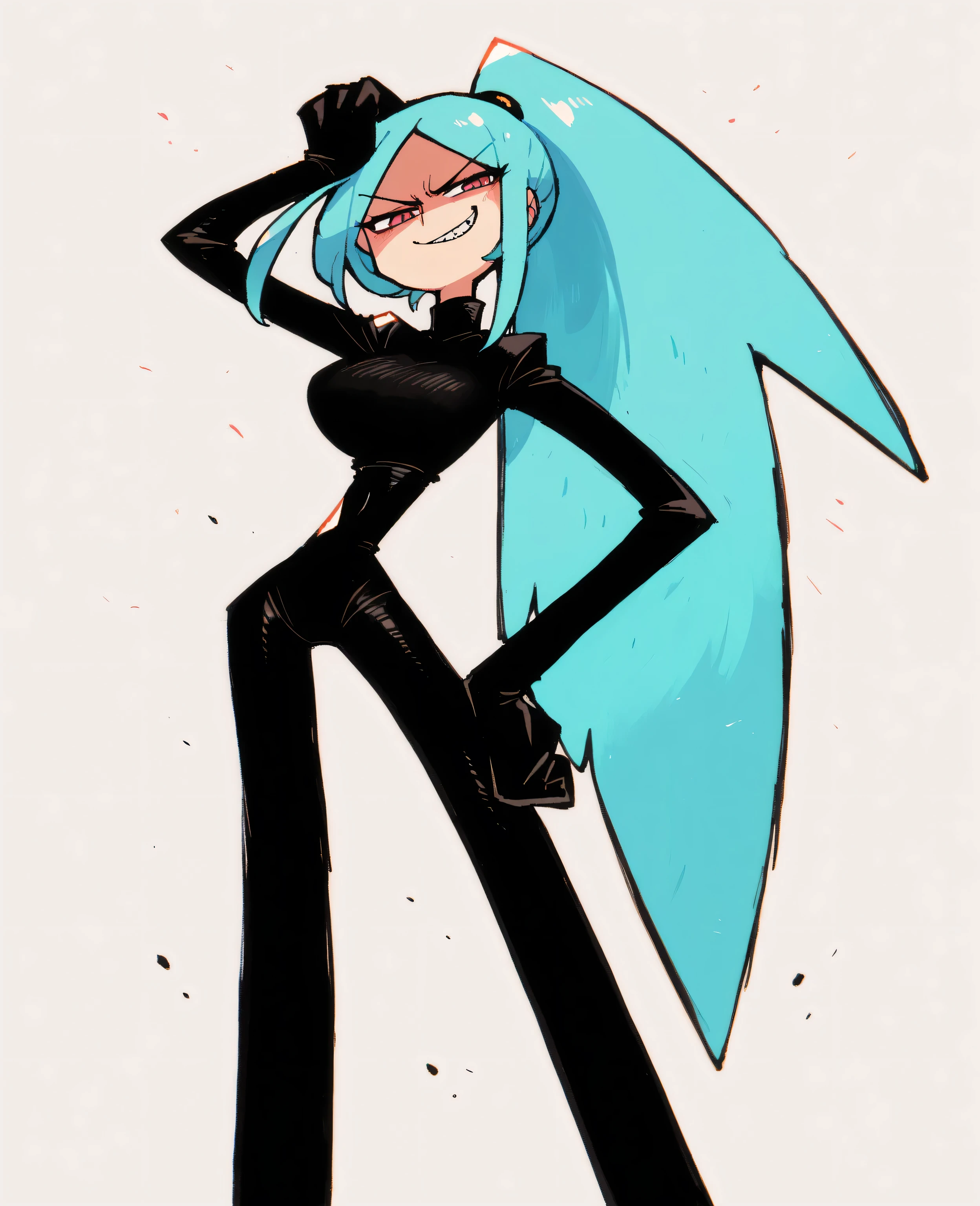 Excellent work 4K, details, extreme details, high resolution, 1 woman , Long hair , smirk , long legs , abdomen, large breasts , hand on hip , hand behind head