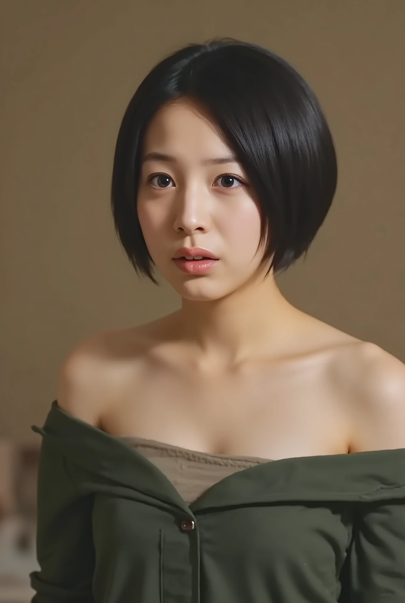 (( premium quality, 8k )), ((masterpiece)), ( details), Japanese girl, first-person view ,One Woman, Petite Woman , sexy,( in the bedroom),((( Extraordinary Big Breasts , Naked, beautiful breasts, short bob hair , black hair))), dark haired , (( Without any accessories, no makeup))