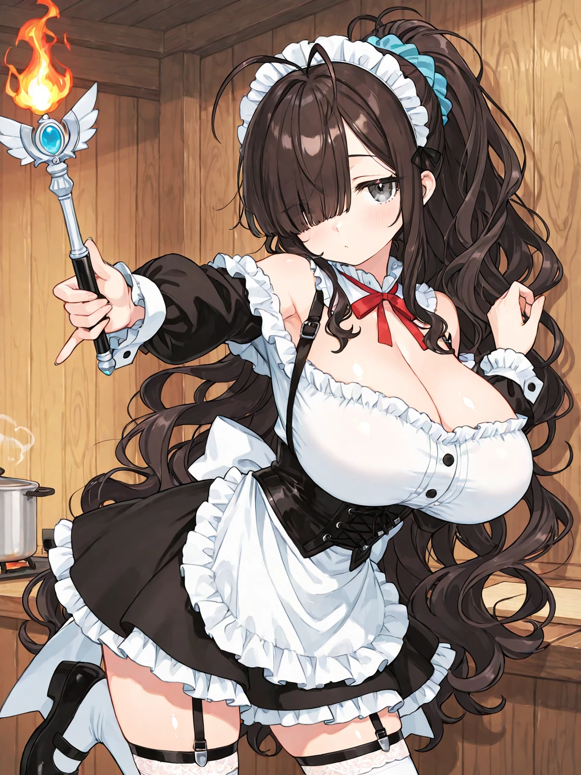 masterpiece, 1 girl, alone, long hair, Braid, looking at the viewer, , mature woman, blush, smile, black hair, lilac eyes, pink bed, mature woman,  shoulders,Black latex gloves,red skirt,red off shoulder latex,latex skirt,latex pink shirt,latex off-shoulder shirt,have a whip,Hold the whip,latex whip,whip,look down,raise one leg,Stomping Pose,  shoulders，bare legs，thick legs，big breasts，fat hip，smile face，cute expression，big round ass，horse 