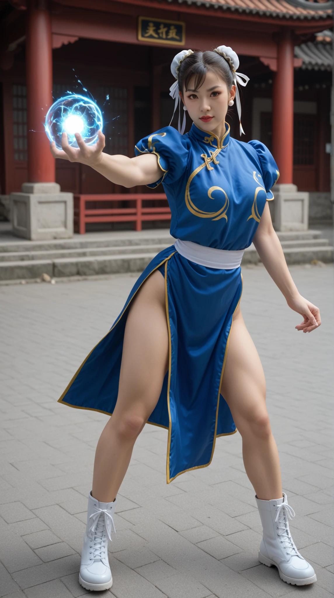 Chun-Li from Street Fight II,The perfect Chun-Li costume,Blue Chinese dress with gold lines,Bun Head,Good cover,Fighting Pose,masterpiece、1 beautiful girl、Fine Eyes、Puffy eyes、highest quality, 超High resolution, (reality: 1.4), Cinema Lighting、Japanese、Asian Beauty、Korean、so beautiful、Beautiful Skin、Body facing forward、Face close-up、(超reality的な)、(High resolution)、(8k)、(Very detailed)、(美しくFine Eyes)、(Very detailed)、 (wall-)、Detailed face、Bright lighting、Professional Lighting、Looking at the audience、Look straight ahead、Diagonal bangs、Nogizaka Idol、Korean Idol、masterpiece, highest quality, masterpiece, highest quality, Perfect Face, Perfect brown eyes with white sclera, Bad move -5, alone, 1 girl, Upper Body, Brown Hair, From SF2, Chinese Language Services, smile, Muscular woman, Blue clothes, pantyhose, Pelvic Curtain, Puff short sleeves, Good cover, sash, evaluation:safety