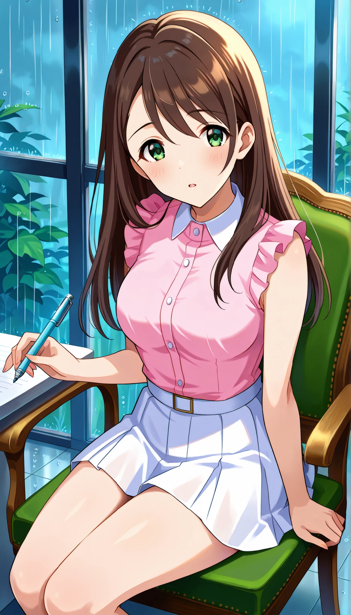 Honami Nishikawa,((( pink sleeveless shirt ))),(((white skirt))),((long hair)),rain,(((Medium Breasts))),brown hair,Ulchan -6500-v1.1, (RAW pictures:1.2), BEAUTIFUL DETAILS, Very Detailedな目,Beautiful Eyes,beautiful eyes,GREEN EYES,file size is large, high res, Very Detailed, top quality, [masterpiece:1.6], Awareness-raising, Very Detailed, CG, fine, top quality, 8K Wallpaper, Perfect Body,Very Detailed,chair with a pen,thighs,pumps