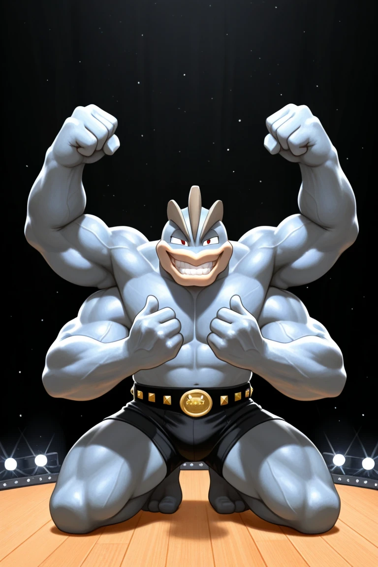 Machamp,pokemon, grey skin, 4 arms, looking at viewer, smiling, wrestling belt, outside, standing, park, blue sky, high quality, masterpiece, <lora:Machamp:.9>