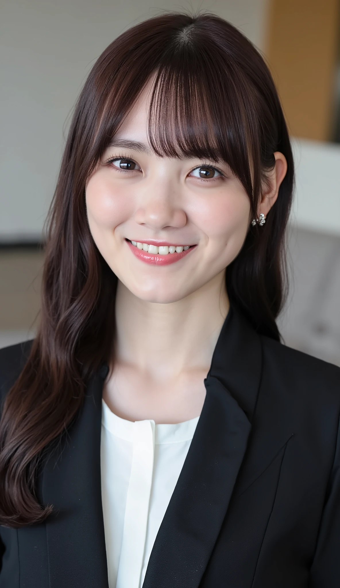 Neat Young Woman、and look at the camera、office lady suit、jacket、shirt、necklace、、ear piercing、、、Has bangs、smile showing teeth、Bust Up Shot、background is office