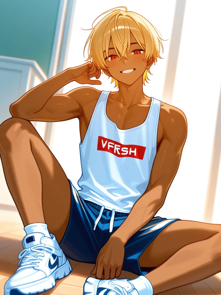 1 young boy sitting, Her hair is brown, large side stripe, your brown eyes with a serious look, YOUR TANNING SKIN, Your body is thin, he is wearing underwear with a medium bulge