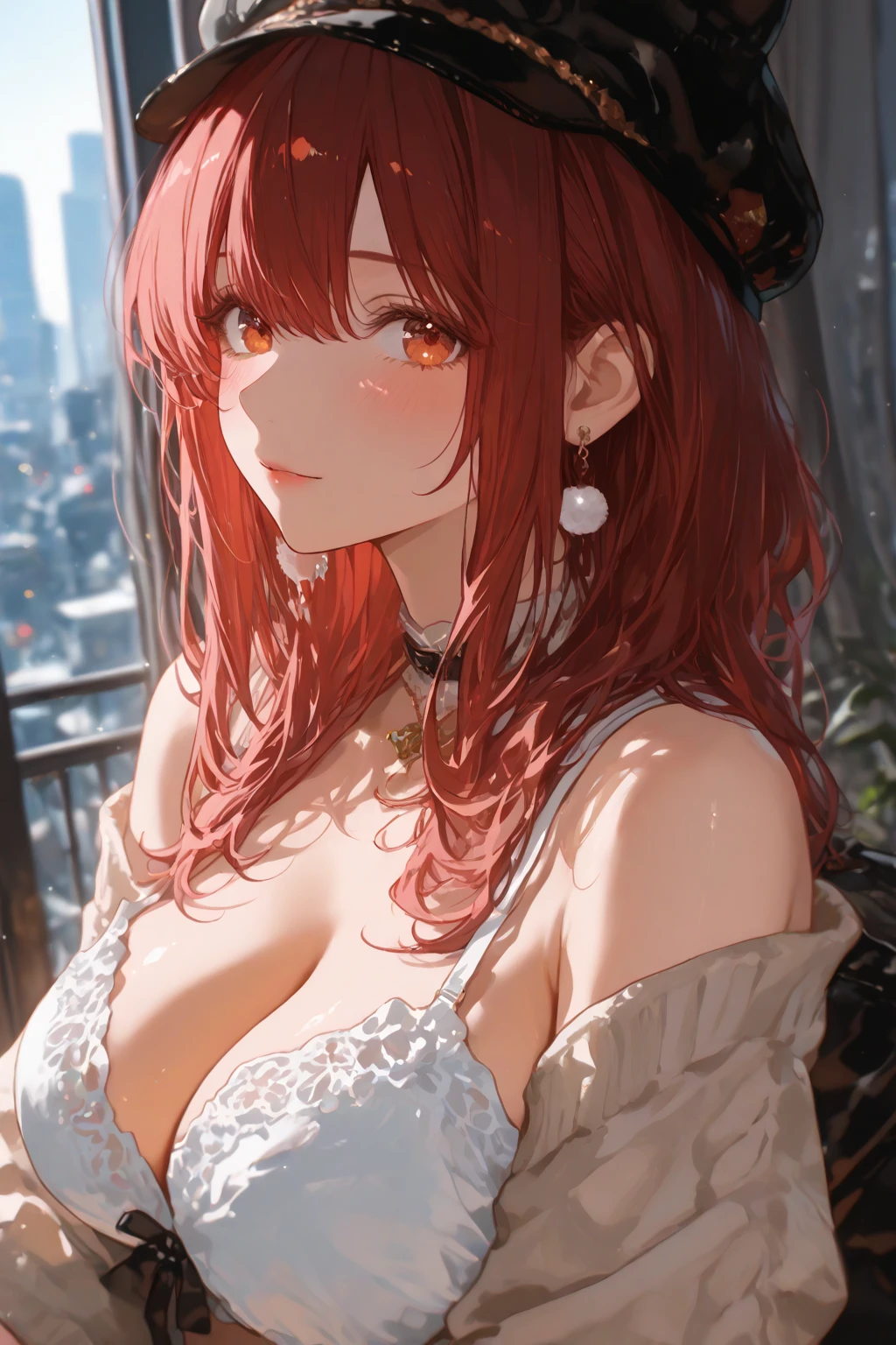1girl,a beautiful fashion model ,(masterpiece, detailed background, best quality),short and shiny hair, red hair, hair with highlights, bangs, smirk,juicy lips,red lips, calmart, lingerie, stripping, elegant makeup, blue eyes, full body shot, (shiny skin), cyberpunk, sci fi, boa, extravagant jewelry, cocky expression, covered in jewelry, fancy, white dress