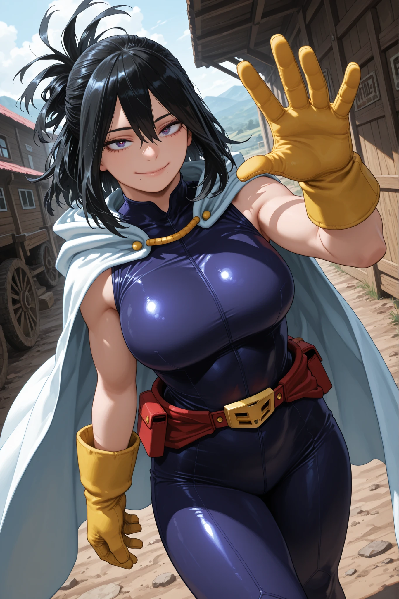 Close up of woman in short skirt and gloves,,Cleavage,Thick thighs, Mature woman, blush, Smile, Characters in the Black Haired King of Fighters, guilty gear art style, Fighting Game Characters