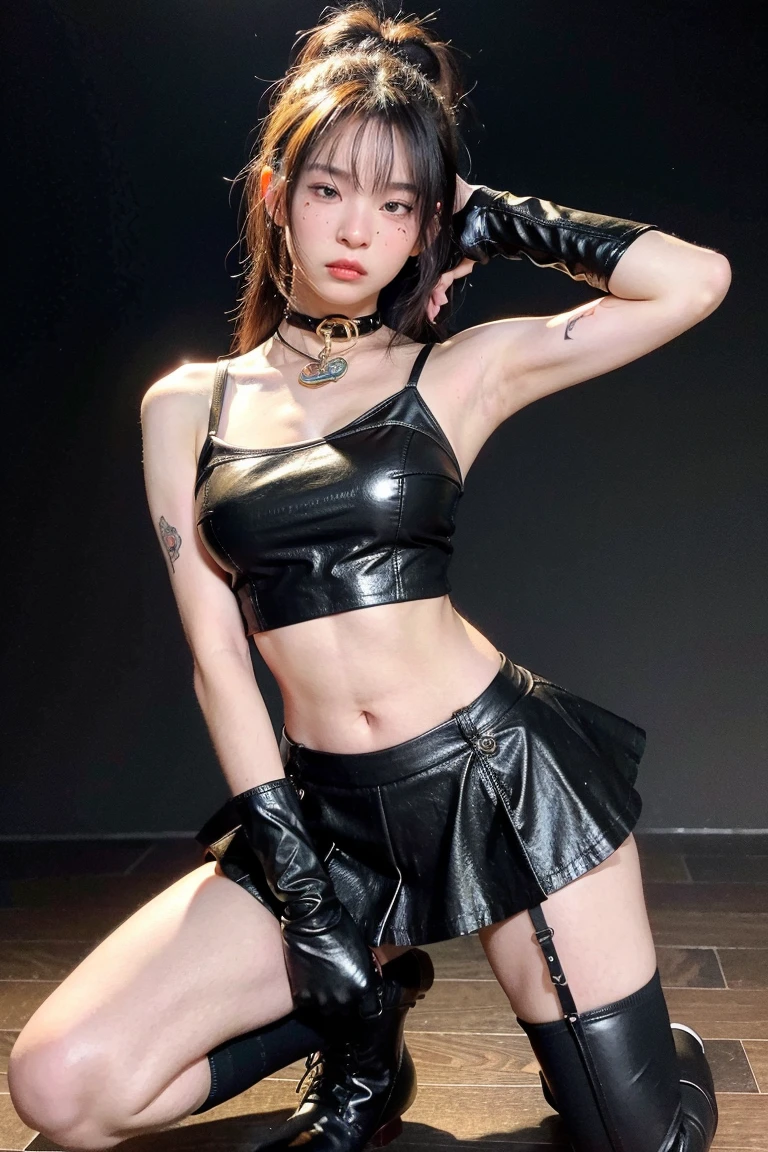 Best quality, masterpiece, ultra high res, (photorealistic:1.5), raw photo, Kpop idols performing on stage, black short tight thongs, in the dark, deep shadow, low key, cold light, sexy look, short hair