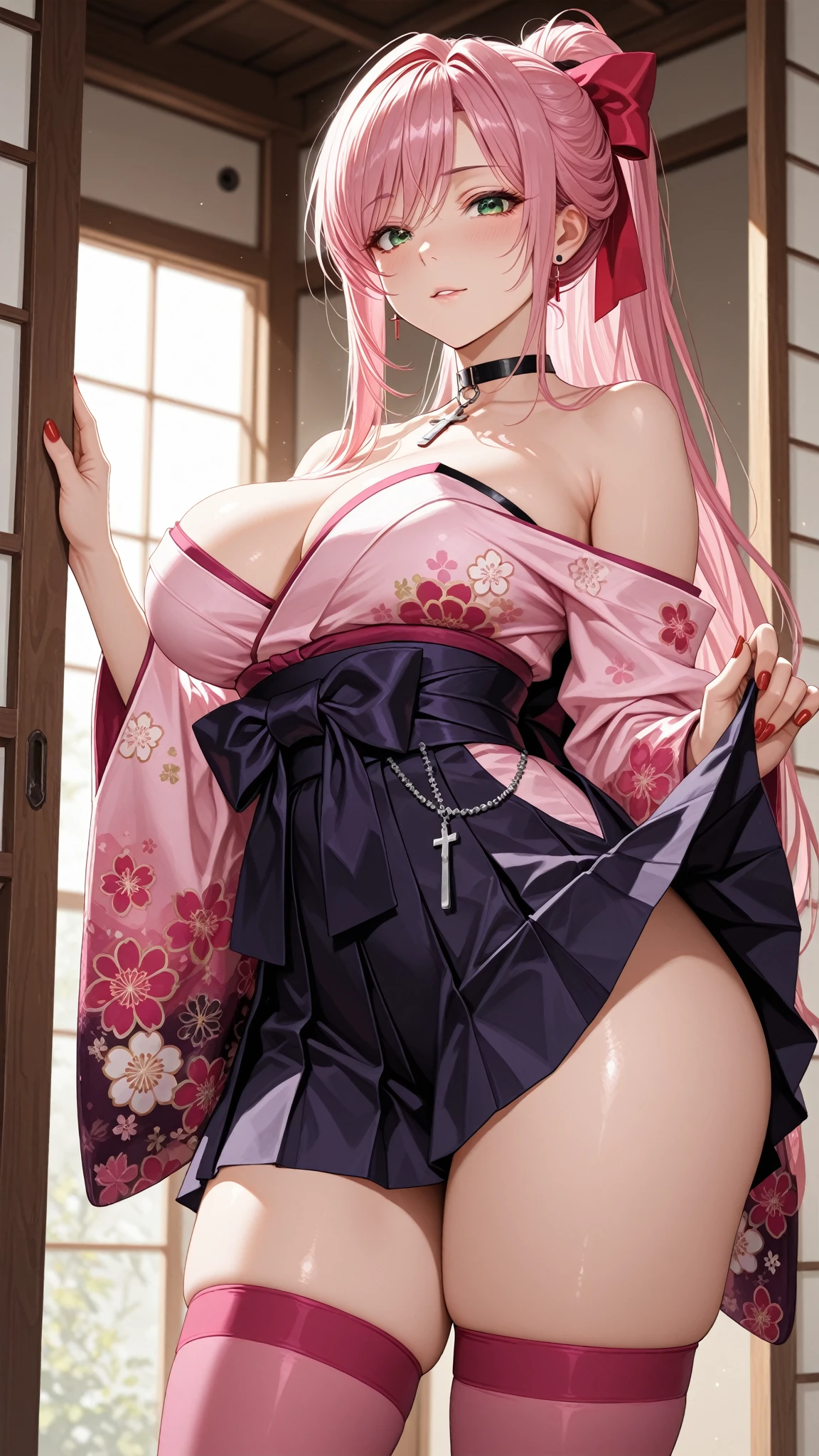 (masterpiece, Highest quality, Highest quality, Official Art, beautifully、aesthetic:1.2),One girl, tattoo, alone, kimono, hair ornaments, Pink Hair, back tattoo, Violet Eyes, Off the shoulder, Bare shoulders, Recall, From behind, flower, View your viewers, Holding, compensate, indoor, Pink cat ears, Plump Ass, no panties