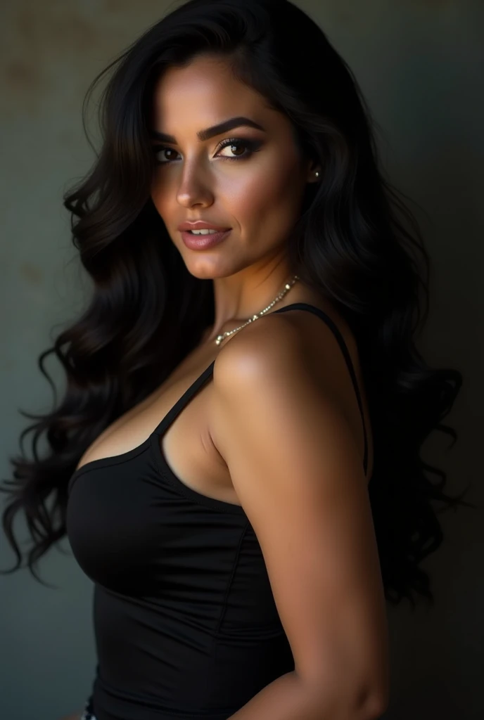photograph of a dark-haired woman with windblown curls, her hair is intertwined, like a flame against the twilight sky., radiating unbridled beauty, Big breasts, wearing a sexy dominatrix outfit at a luxury mansion in california los angeles, smiling, her hair held together by a hair pin