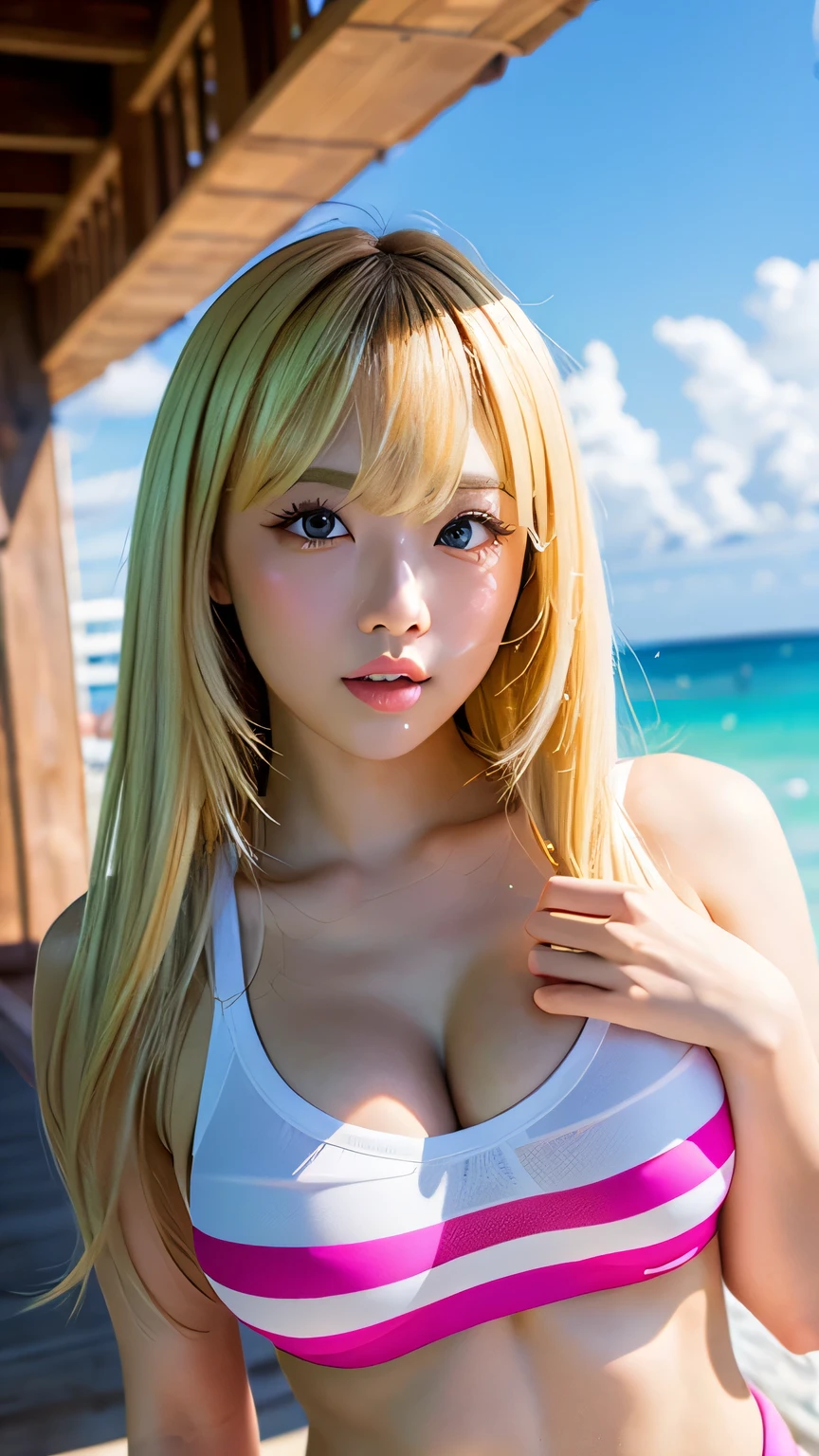 ultra-realistic 8k panoramic photo wallpaper of blonde woman, incredibly beautiful, makeup eyes, straight hair, skinny, sexy bikini, tanga string tropical beach, palm trees, blue sky, sun, light rays (depth of field: 1.2), (realistic: 1.4), (insanely detailed: 1.4), (high saturation: 1.1), (side light: 1.4)