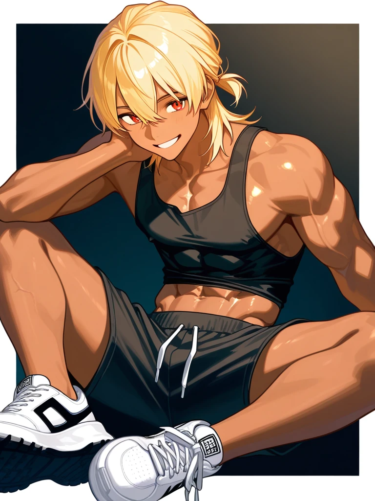 Highres, Masterpiece, Best quality at best, Best Quality, high quality, high detailed, boy, 1boy, cat noir, blonde, chiseled abs, chiseled pecs, sweating, wet, glistening skin, shiny skin, oiled up, black tank top, (masterpiece, 3D anime style, more detail, ultra detail), adult boy, tank top, upper body, laying in bed, chiseled abs, chiseled pecs, indoors, exhausted, RAW