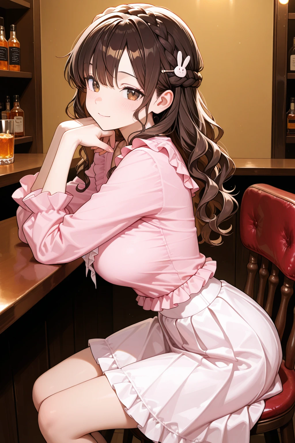 masterpiece++ (best quality) (ultra detailed) (super resolution) (8k) (detailed face)+ (detailed hair)++ (detailed skin)+ (production art)++ (water color)+ (pink theme)++, solo++ 1 woman (waitress)++ pretty++ 25 yo (highly detailed sharp eyes)++ clear nose (pale skin)++ (shiny brown hair)+ (huge breasts)+ underbust++ plump+ (classical puffy short sleeve ruffle blouse)++ (pink mini skirt)++ (pink maid apron)++ (button shirt)++ (neck ribbon button gap)+ thighs (happy smile)+ (embarrassed)+ working serving foods (beautiful face focus)+ BREAK (indoor window)++ (in casual restaurant)+ (beautiful background)+ (depth of field) (blurry background) (cinematic lighting)++ (cinematic shadow)+ (highlight in eyes)++ (lens flare)+ (light particle)