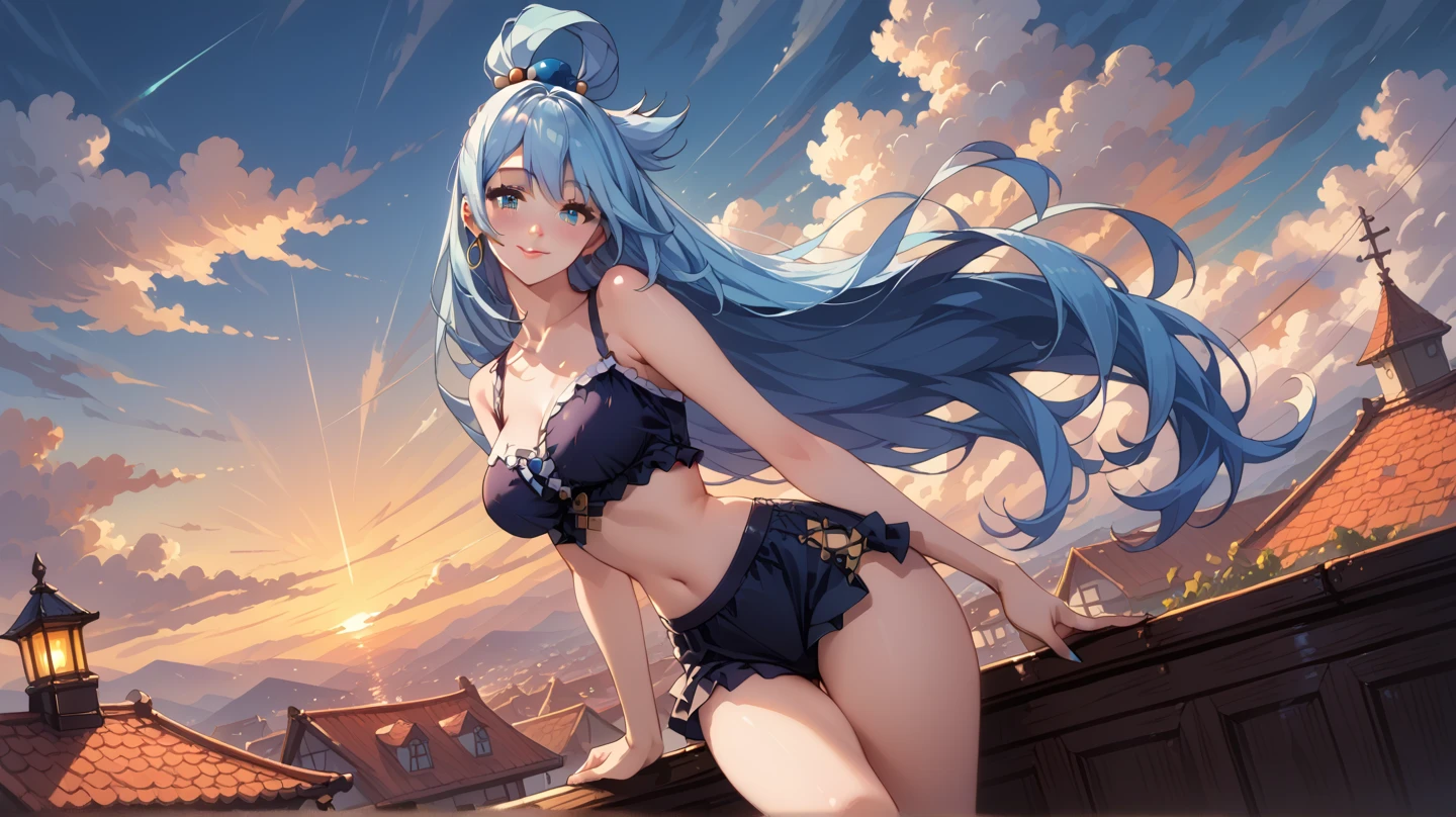 one-girl, Wearing a light blue vest, eBlue eyes, Thin leg, naked leg, Barefoot, Sit on the rooftop, Below is the sea, Water and sky, clouds, Gradient hair, Very long hair, hair flaps, blue hair ribbon, Chiaroscuro, Cinematic lighting, hyper HD, ccurate, ccurate, Best quality, High details,Sunlight, Actual rendering, screen space reflextions, water Reflections , Subsurface scattering, Edge lighting