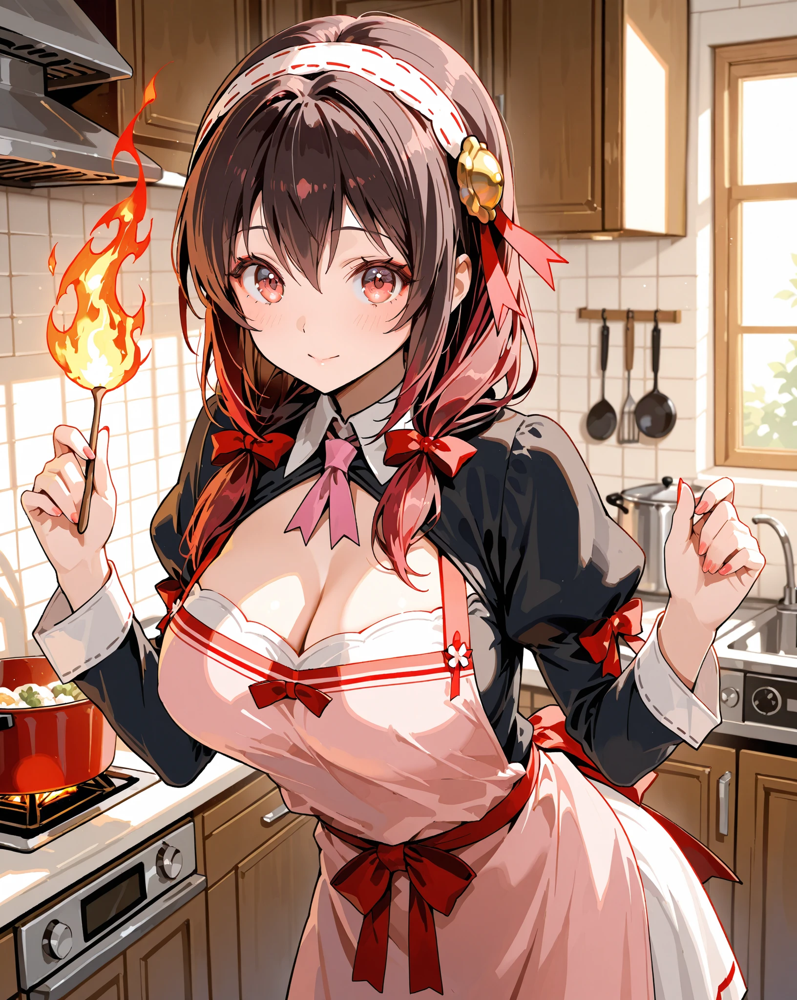 Adult Woman, masterpiece, 1girl, Amazing Cleavage:1.3, thin waist, big ass, Raised sexy, medium breast:1.3,posed cleavage:1.2,solo, open mouth, have a cup of coffee,black hair, red eyes, dress, bare shoulders, jewelry, collarbone, sidelocks, hairband, earrings, indoors, off shoulder, arms behind back, plant, short hair with long locks, black hairband, sweater dress, off-shoulder sweater, red sweater, big side hair, very long side hair,is rendered in (masterpiece: 1.2, best quality), with (ultra high resolution) and an exquisite (depth of field). This masterpiece is not only visually stunning but also tells, make of cooking some cakes ,in the kitchen,Long dark blonde wavy hair、her thin pubic hair, Puffy nipple、(short flared skirt)、garter stocking、Earring、Medium milk, cute smile face、(Pose to lean forward and emphasize the chest)、sexy hips、high-heels、atlibrary、((Close your arms to your chest and look up)),(with sparkling eyes and a contagious smile), looking at viewer, 