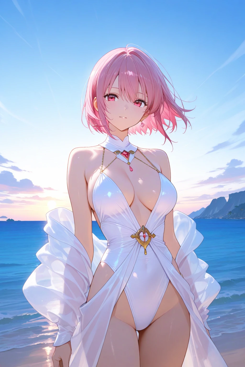 <lora:Mashu:0.7>,((Ma_shu)), (((1girl))), short pink hair, ((purple eyes)), ((hair over one eye)), neck ornament, golden braclet, mashu's revealing tops, ((white thongs)),navel, ((white long socks)), upper body, standing, outdoors, park, lawn, night, milky way, stars, falling stars, moon, flowers