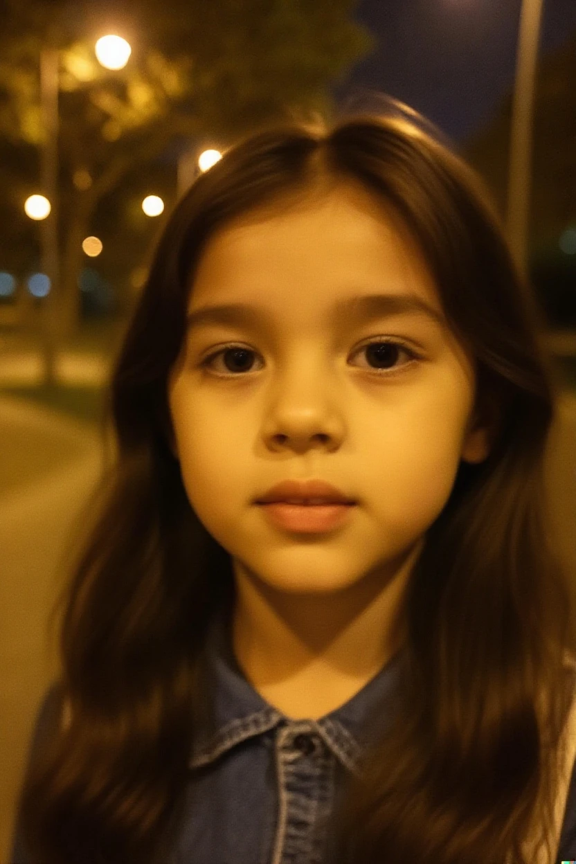children girl 13 years old legs crossed.
facing you. in a Brazilian periphery,
white dress with lace.
girl has black hair above her shoulder, she has a serious expression on her face.
white girl's skin color.
and is sitting staring at me on a sidewalk in yellowish light.
at night
super realistic 8k photo. --auto