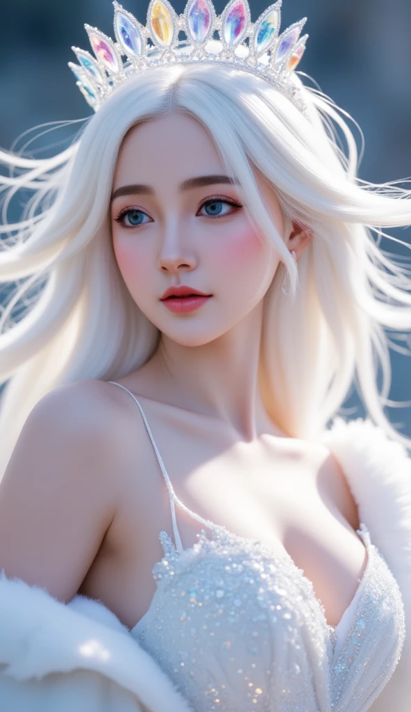 White hair female,close up, concept designs, white background, Caucasian, detailed eyes, detailed lips, elegant breasts, beautiful cleavage, rosy nipples,  ethereal aura, flowing hair, elegant pose, intricate jewelry, delicate features, fantasy elements, vibrant colors, soft lighting, dreamlike atmosphere, dynamic composition, surreal landscapes, magical aura, intricately designed clothing, celestial theme, wisps of mist, fine brushwork, ethereal beauty, celestial beings, otherworldly presence, mystical elements. (best quality,4k,8k,highres,masterpiece:1.2),ultra-detailed,(realistic,photorealistic,photo-realistic:1.37), HDR, UHD, studio lighting, ultra-fine painting, sharp focus, physically-based rendering, extreme detail description, professional, vivid colors, bokeh, portraits, landscape, horror, anime, sci-fi, photography, concept artists, color palette, soft pastels, luminous shades, ethereal lighting, angelic figures, cosmic inspiration.