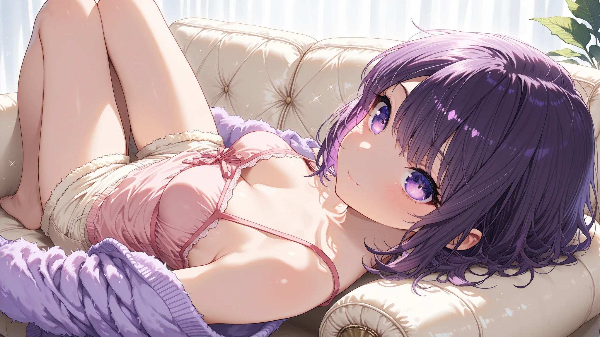 Masterpiece、Anime Coloring、Ultra fine、16K、Highest quality、((Lilac mesh))((blue cat ears))、((White underwear、In underwear))、blush、from the front、On all fours、Looking up、Medium Hair、bed、Stylish room、Medium chest、Cleavage