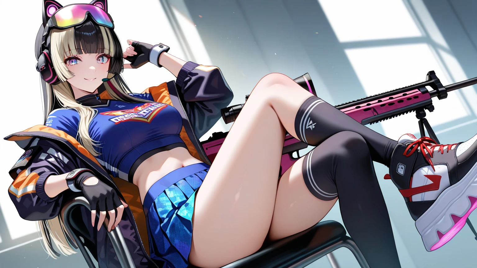 Evangelion Cockpit,Masterpiece portrait of a smiling Rei Ayanami (Evangelion), Evangelion (Hideaki), Caustics, High resolution illustration,14years, Red Eyes, Feminine, no pupils, Blue hair,  Short hair, Very small breasts,Japan school uniform, lowfers, swpunk, Synth Wave, Paint splatters, shaded flat illustration, Digital Art, Trending on ArtStation, Highly detailed, Fine detail, Convoluted, Splatter, Outrun, Vaporware, neon color,undergarment,boots