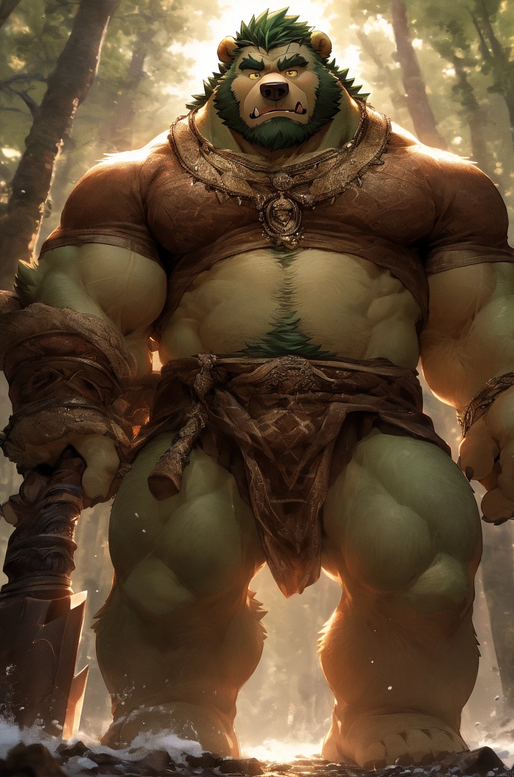 a character with a big belly and a big belly, short hair, navel, nipples, thighs, nude, sweat, penis, pointy ears, stomach, pubic hair, completely nude, uncensored, muscular, feet out of frame, colored skin, facial hair, thick thighs, erection, abs, from below, testicles, pectorals, muscular male, towel, steam, male pubic hair, bara, ..., beard, large pectorals, veins, plump, mature male, veiny penis, green skin, naked towel, foreskin, chest hair, navel hair, monster boy, flaccid, orc, tusks