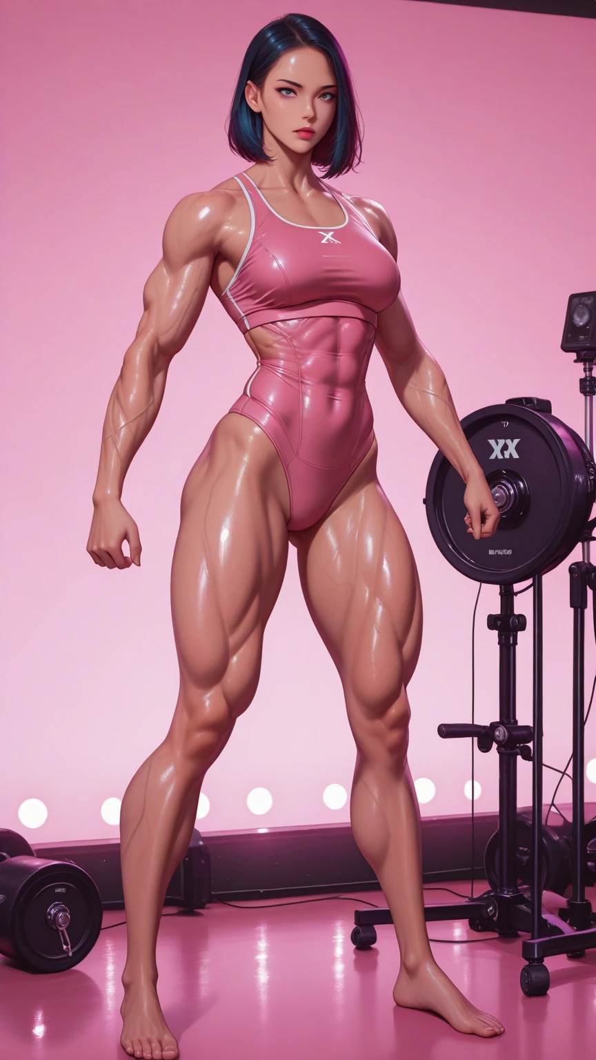 (ultra realistic,32k, masterpiece:1.2), (high detailed skin:1.1), (8k uhd, dslr, high quality:1.1), Gwen, (thin body:1.0), lean body, skinny body, fitness model physique, sexy, slutty, undercut, blonde, multicolored hair, bodysuit, web-print, hood down, (perky breast:1.0), (looking at viewer, Bend forward:1.1), (glow in the dark:1.1), A musical concert environment, ((extremely muscular)), (, muscular legs , muscular arms, Muscular upper body, muscular abdominal muscles , muscular shoulders,)