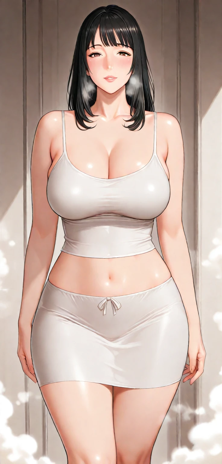 ((masterpiece)), (Highest quality), (detailed), (1 Girl),White camisole dress,Red eyes,Black Hair、Huge breasts、Very short hair、