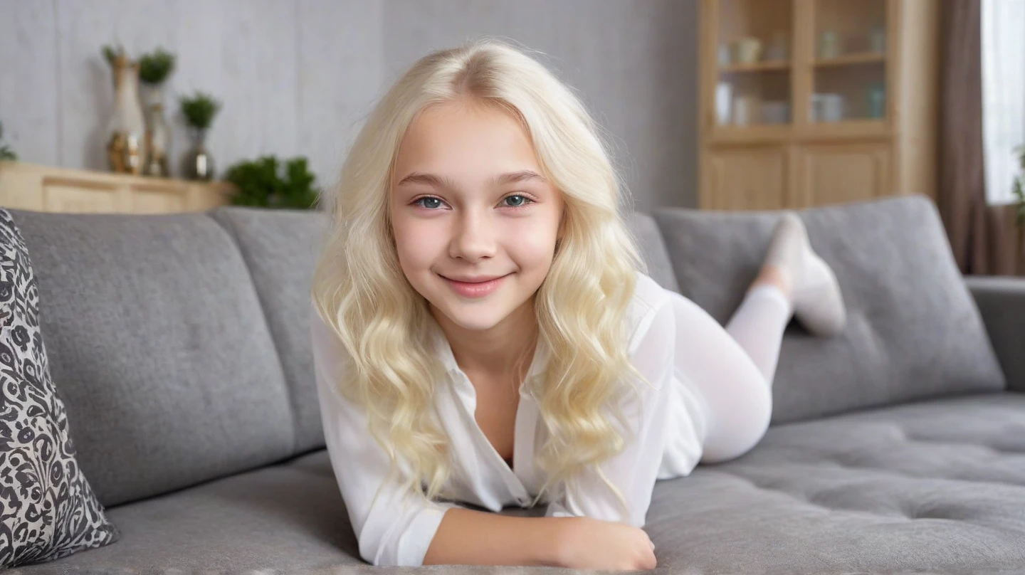 Create an image of a blonde Slavic woman. Her hair is styled in long, curly. She is wearing only her over knee socks and you see her lying on her bed, smiling slightly at the camera and reading a book, in the evening evening