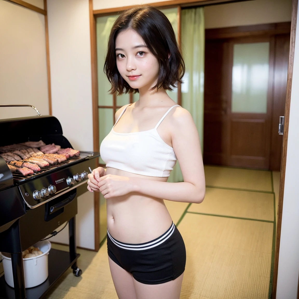 Full Body Shot、masterpiece, highest quality, One girl and one guy, A man stands behind a woman、Japanese、(((Completely naked)))、Slender Young Woman、15 years old、high school student、Short Hair、Very busty,Very heavy chest、Brown eyes, Beautiful Face、Little beautiful girl、Outdoor、Grilling meat、BBQ、(((A man touches a woman's breasts)))、