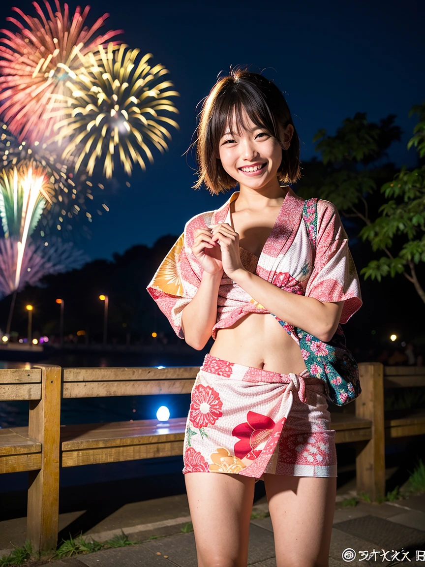 (masterpiece、High resolution、high quality)、Beautiful Japanese Girls:1.3,15-year-old junior high school student、Immature body、Beautiful body、Japanese Yukata、Soar、night、Laughter、Clear Eyes、Beautiful Skin、Yukata beauty、Hydrangea pattern yukata、 body、Her breasts are exposed from her yukata、とてもSmall breasts、Small breasts、Small cherry-colored areola、Erect nipples、Cool Summer、nightの夏祭り、Fireworks display、Professional photography、Sitting with legs wide open、She spreads her legs wide open to show off her private parts.、Masturbating