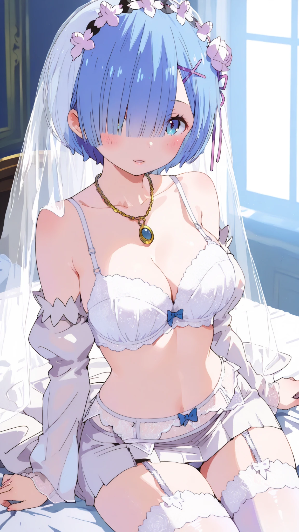 NSFW、((Rei Ayanami、evangerion))、primary school student、、No breasts、small breasts、low cephalobody、、nude、Expressionless、short hair、a lot of sweat、bridal costume、Wedding Veil、church、Fluttering petals、Wearing an iron collar、Put your hands behind your head、bind one's body with chains、restrain one's body with silver chains、Slave Pose、show one's side、a lot of sweat