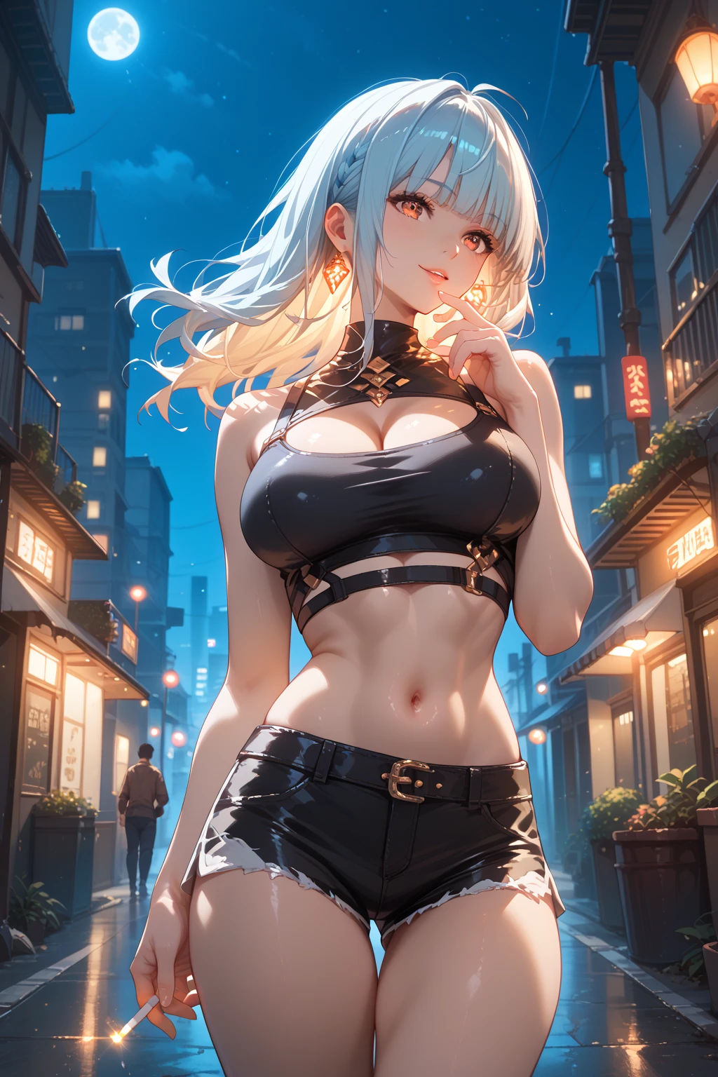 dark skin,very dark skin,dark_skin,
girl rave,(((1girl))),((anime girl with extremely cute and beautiful white hair walking seductively down the street)),

(large breasts:1.4),saggy breasts,(((white hair:1.35,straight hair,long hair:1.4,colored inner hair,ear breathing))),((very light yellow eyes:1.3,upturned eyes:1.3,perfect eyes,beautiful detailed eyes,gradient eyes:1,finely detailed beautiful eyes:1,symmetrical eyes:1,big highlight on eyes:1.2)),((fat)),((((black girl,black skin,dark-skinned_female,dark skin:1.3,ebony skin,lustrous skin:1.5,bright skin: 1.5,shiny skin,very shiny skin,shiny body,plastic glitter skin,exaggerated shiny skin,shiny skin like ebony))),(spider lower abdomen,narrow waist,wide hip,athletic body,inflated legs,delicate detailed fingers,detailed body,detailed arms,human hands,detailed hands),glowing skin,shiny eyes with reflexion,splashing,ultra shiny hairs, neon hairs,hologram body

cute,slutty,seductive,erotic,(((nsfw))),

zettai ryouiki,revealing clothing,show skin,((rave shirt with an yellow print,rave mini-skirt,visible thong straps)),(wearing a rave outfit:1.3,rave clothes,semi-naked,with little clothing,),(detailed outfit,detailed clothes),glowing clothes,

(dynamic pose:1.0),solo focus,((mischievous smile)),centered,scale to fit dimensions,Rule of thirds,

outdoors,((night view)),(cyberpunk night street Background: 1.5,dark sky,alleyway,lonely alley,thick clouds,detailed background:1.25),

(best quality),(high resolution),(sharp focus),(ultra detailed),(extremely detailed),(extremely high quality artwork),8k_wallpaper,(extremely detailed CG 8k),(very fine 8K CG),((hyper super ultra detailed perfect piece)),flawless,(((masterpiece))),illustration,vibrant colors,(intricate),High contrast,Selective lighting,Double exposure,HDR (High Dynamic Range),Post-processing,Background blur,