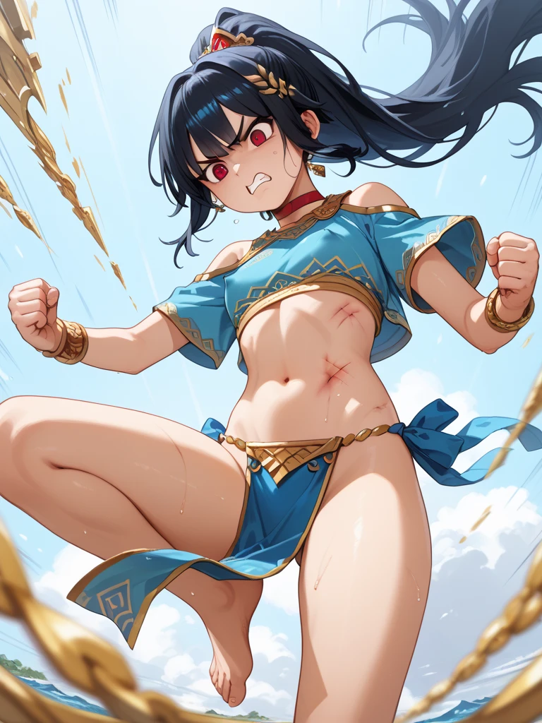 junior high school nudist、Severely torn clothes are scattered、Fighting the sandstorm、Fighting with a wide stance、Dynamism