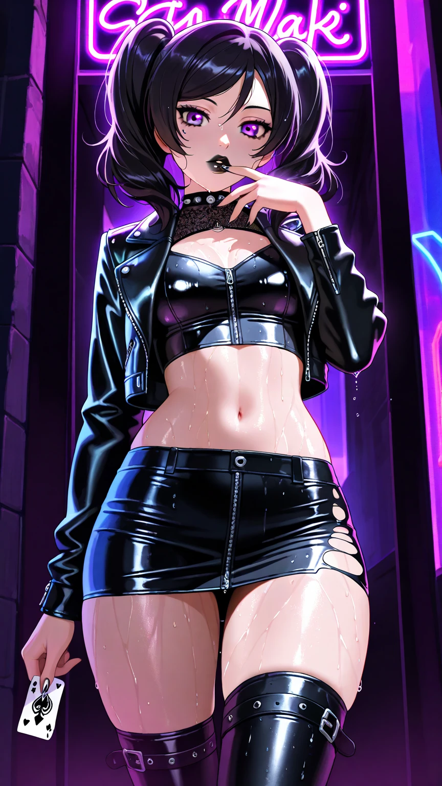 Goth girl, short messy black hair with bangs, white pale skin, black make-up, round sunglasses, earrings, medium breasts, bra, tank top, skinny figure, waist, thighs, sling bikini, black tight jeans, black leather jacket, belt on jeans, boots