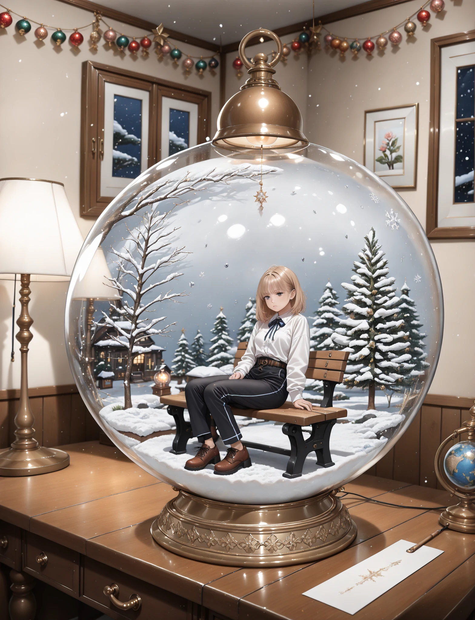 (qualidade superior:1.2), (ultra realista:1.1), (detailed rendering:1.3), ((snow_globe:1.4)), ((glass_sphere)), ((detailed_base)), ((wooden_table:1.2)), ((bedroom_setting)), ((interior_room)), ((soft_lighting)), ((1girl_inside_globe:1.3)), ((sitting_on_bench)), ((bored_expression:1.2)), ((slouched_posture)), ((miniature_scene)), ((falling_snow_particles)), ((glass_reflection_effects:1.2)), ((water_distortion)), ((tiny_detailed_world)), ((cozy_bedroom_background)), ((desk_lamp_lighting)), ((ambient_shadows)), ((depth_of_field)), ((glass_refraction)), ((snow_settling)), ((crystalline_effects)), ((micro_environment)), ((delicate_details)), ((atmospheric_lighting)), ((room_decorations)), ((subtle_glitter)), ((glass_dome_details)), indoor_photography, winter_atmosphere, professional_rendering