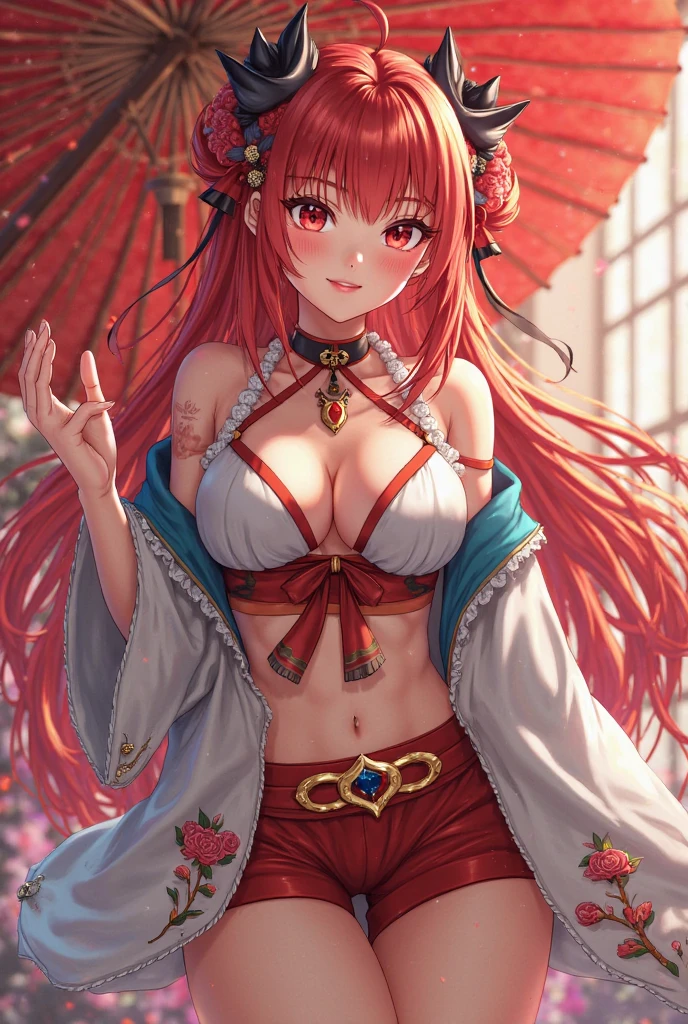 anime demon girl large breast topless bottom less cherry blossoms floating in the air