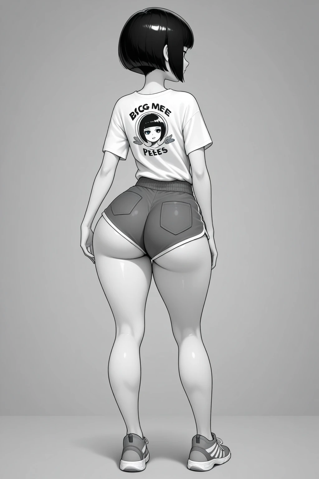 very dark skin female, plump, white sweater, white thigh highs, huge ass, from behind, standing, dreadlocks, hair bun, looking at viewer, beautiful,