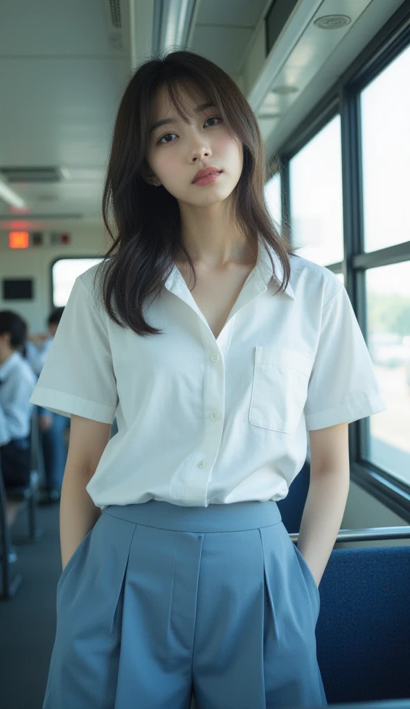 (Masterpiece, Best Quality:1.2), 8k, 15 years, 85mm, Official Art, photo and gross, absurdities, white dress shirt, pretty face, close up, Upper part of the body, violacea, planter, beautiful girl, , (Navy blue pleated skirt:1.1), gird the waist, Thighs, short sleeve, By train, sitting on the bench, looking at the viewer, without makeup, (SMILE:0.4), film grain, chromatic aberration, sharp focus, face light, clear lighting, adolescent, detailed face, in 
