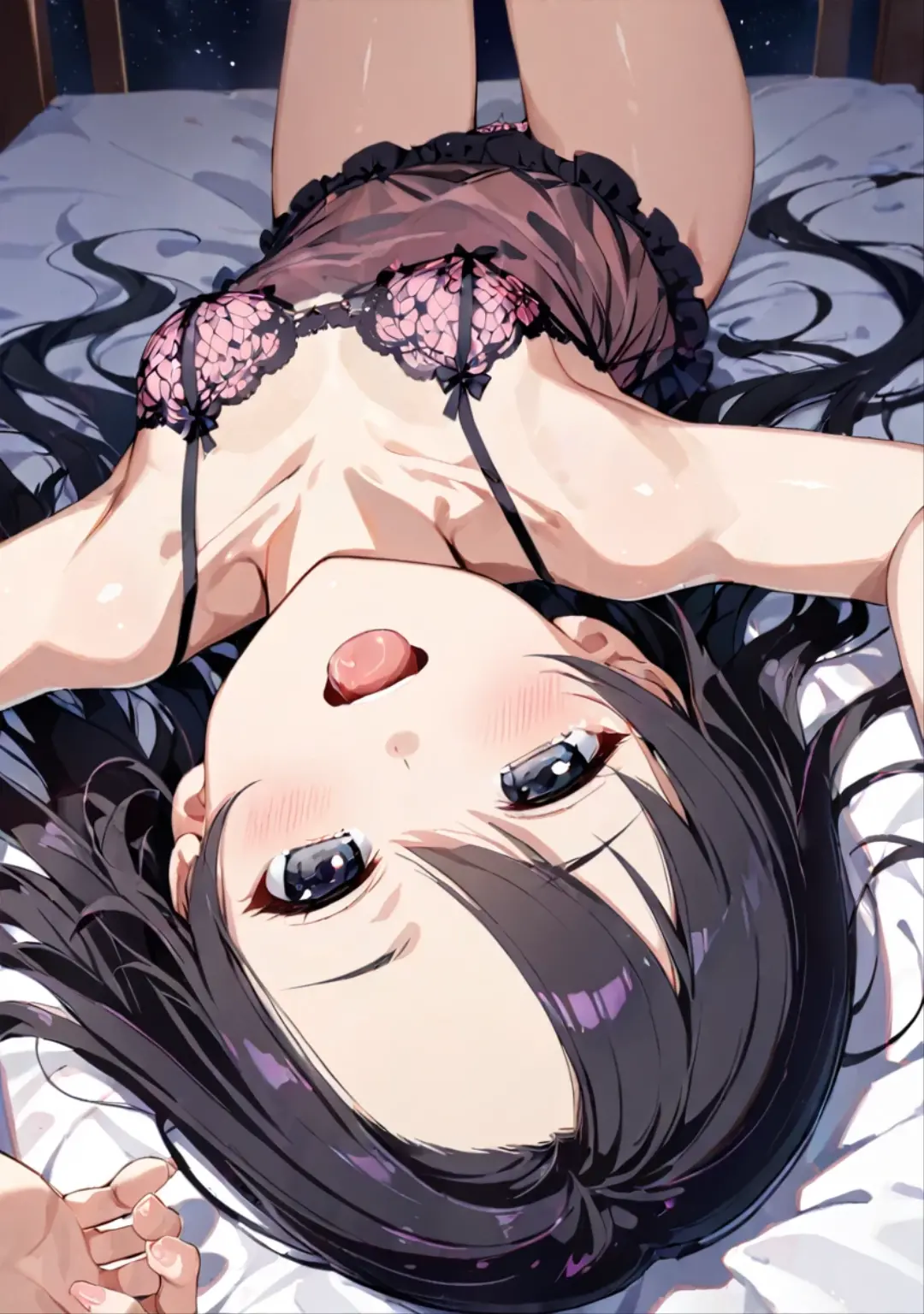 (masterpiece,top-quality,hight resolution,Unity 8k,extremely details CG:1,Best Picture), illustration in the style of mamimi\(No text\), an anime young girl has long dark hair and her body is partially in shadow, 1girl, solo, a naked girl, rice shower (umamusume), horse ears, animal ears, hair over one eye, horse tail, long hair, navel, blush, hat, blue flower, gloves, live stage, small breasts, Huge areolas, nipple piercing, dark nipples, ahegao, rolling eyes, open mouth Sticking out his tongue limply, personality excretion, collarbone, stomach deformation, stomach punch, looking at viewer, bunny suit, g-string bikini, g-string bikini to bite into crotch, garter belt, crotch tattoo/tattoo below the navel, wet skin, Excessive sweating, shiny skin, pole dance, mating press pose, reverse fellatio, spread your legs, flattered face with peace signs, Swollen anus, feces, Pubic hair growth, noise removal, Very detailed face, emphasis on crotch, an14, SimpleNegativeV3,